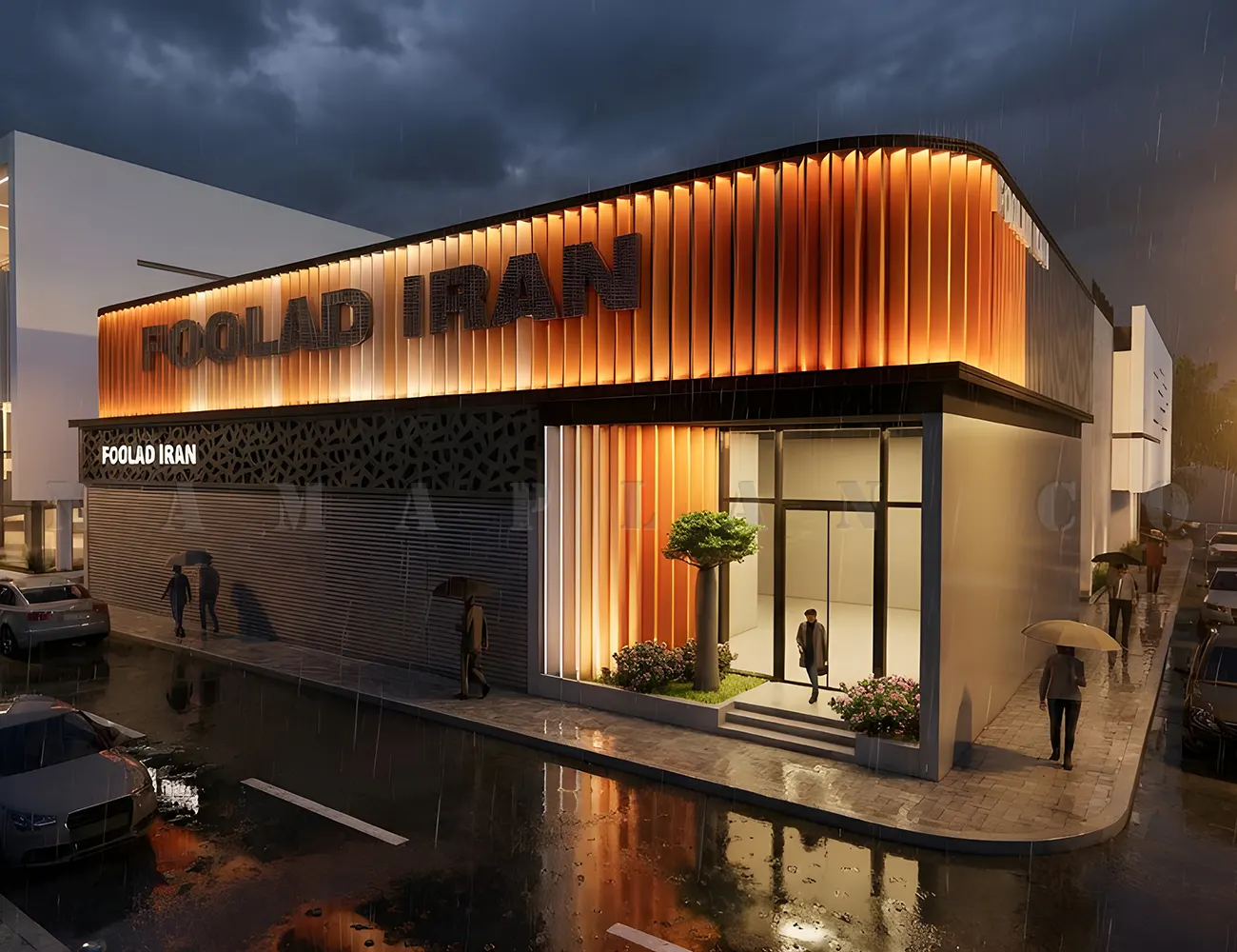 نمای ورودی کارخانه فولاد با نورپردازی شب